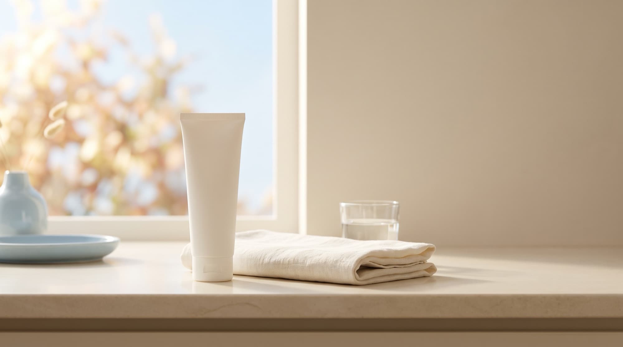 初秋の朝の光が差す洗面台に、無地の白いチューブとたたんだ生成りのタオル、水を入れたグラスが並んでいる